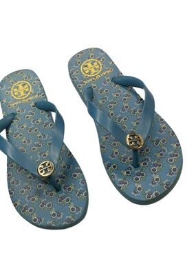 Tory Burch Teal Floral Logo Thong Sandals with Gold Emblem